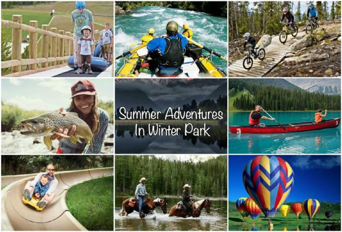 A vibrant outdoor setting with families rafting, biking, fishing, kayaking, horseback riding, and children sliding down a water slide. Colorful hot air balloons float above, with picturesque landscapes creating a backdrop of summer fun and adventure.