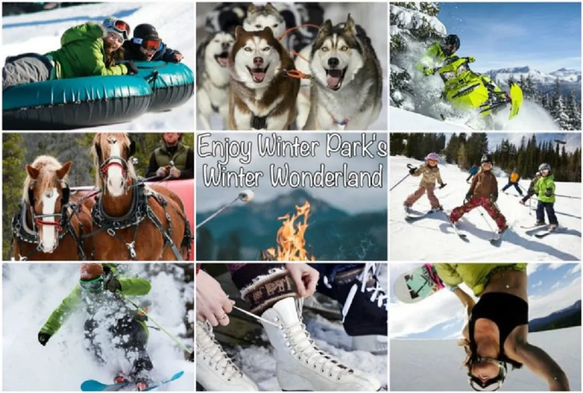 A lively winter scene featuring families tubing, sled dogs, snowmobiling, a horse-drawn carriage, groups gathered around a bonfire, and people skiing and snowboarding. The snow-covered landscape and visible excitement on participants’ faces encapsulate the thrill of winter adventures.