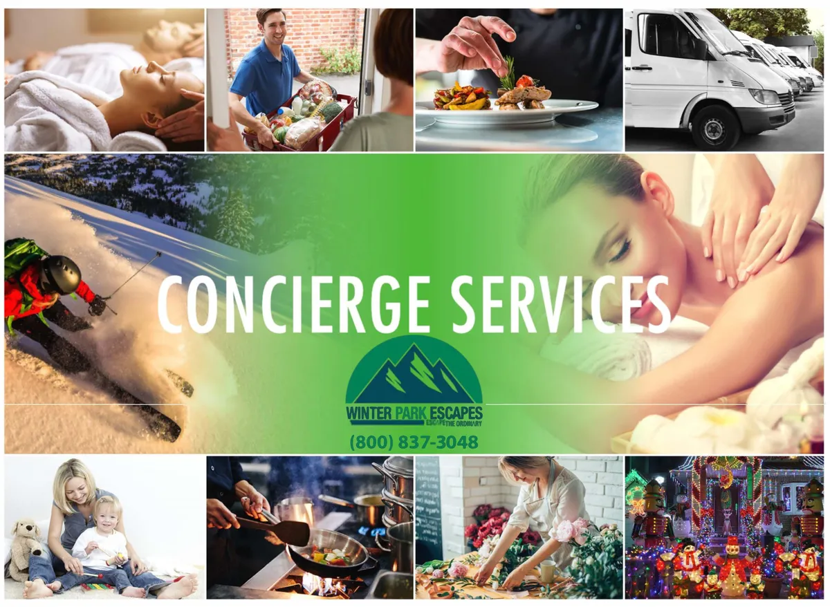 A lively montage of indoor winter experiences: skiing, spa treatments, family time, and gourmet food all under cozy, festive decor. The image evokes the excitement of both adventure and relaxation available to guests.